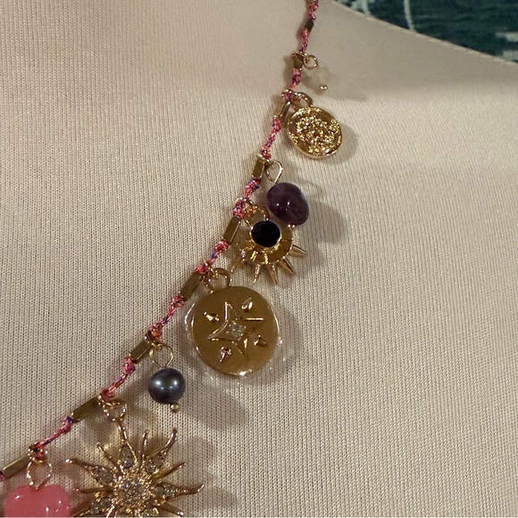 Camila Coelho Gold Pink Pearl Jade Turquoise Amethyst Charm Necklace NWT - Picture 6 of 14